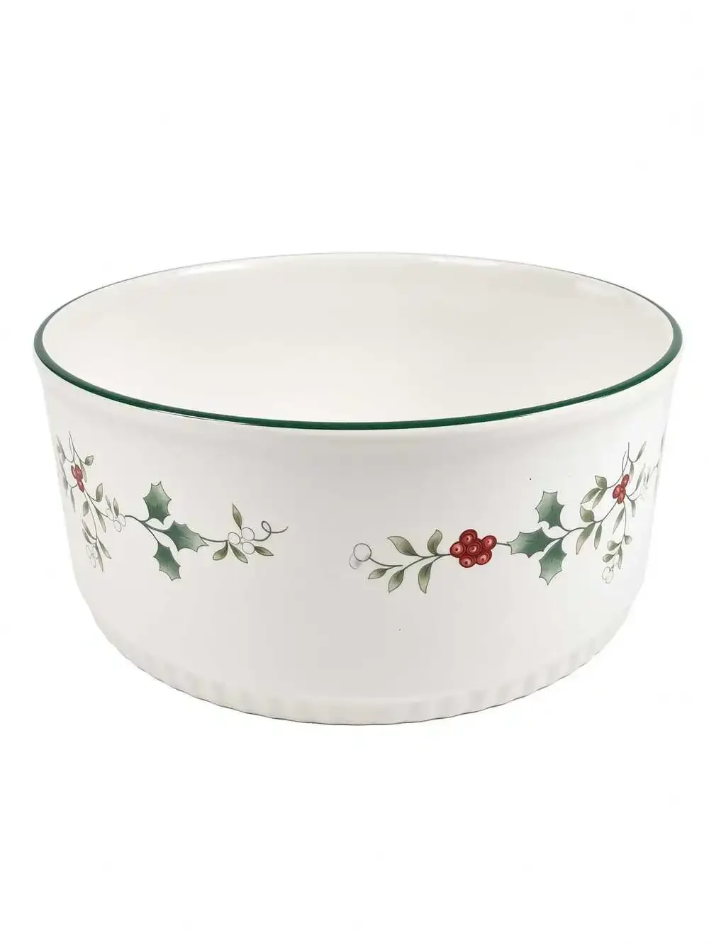 Vintage Pfaltzgraff Stoneware Round Bowl Green Rim Holly Berry Christmas